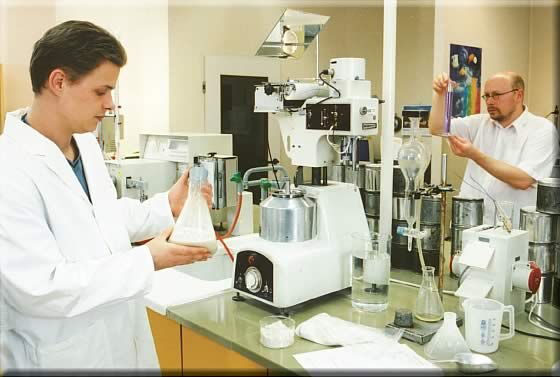 Zwei Männer prüfen Substanzen im Labor